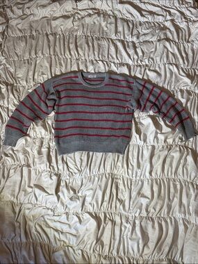 Women's Gray Crewneck Sweater with Red Stripes